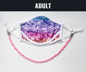 BOY MEETS GIRL® x Pretty Connected Mask Chain Set: Adult Multi-Color "Dylan" Drinking Sparkle Mask with Hot Pink Chain