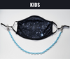BOY MEETS GIRL® x Pretty Connected Mask Chain Set: Kids Black "Dylan" Drinking Sparkle Mask with Light Blue Chain