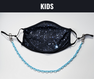BOY MEETS GIRL® x Pretty Connected Mask Chain Set: Kids Black "Dylan" Drinking Sparkle Mask with Light Blue Chain