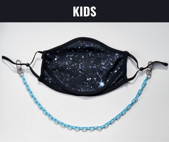BOY MEETS GIRL® x Pretty Connected Mask Chain Set: Kids Black "Dylan" Drinking Sparkle Mask with Light Blue Chain