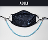 BOY MEETS GIRL® x Pretty Connected Mask Chain Set: Adult Black "Dylan" Drinking Sparkle Mask with Light Blue Chain