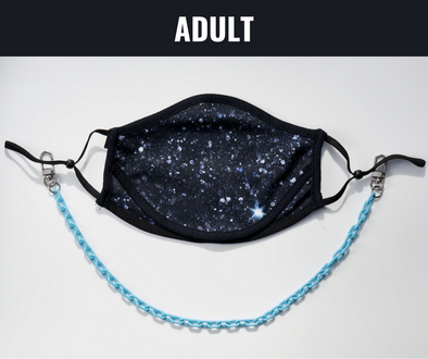 BOY MEETS GIRL® x Pretty Connected Mask Chain Set: Adult Black "Dylan" Drinking Sparkle Mask with Light Blue Chain