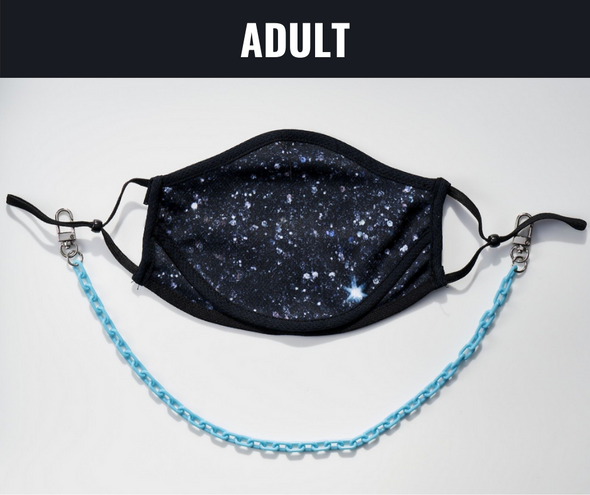 BOY MEETS GIRL® x Pretty Connected Mask Chain Set: Adult Black "Dylan" Drinking Sparkle Mask with Light Blue Chain
