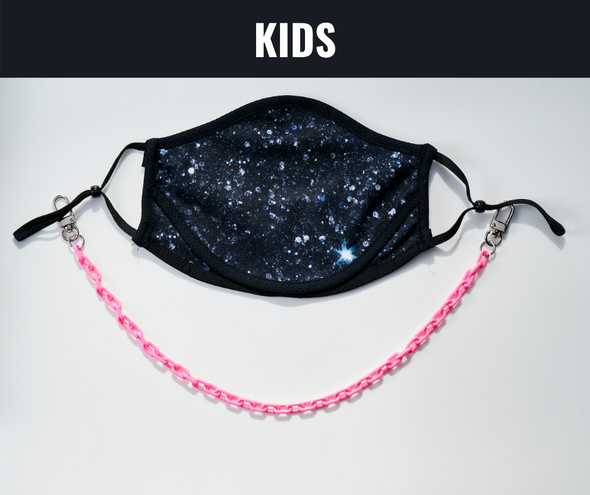 BOY MEETS GIRL® x Pretty Connected Mask Chain Set: Kids Black "Dylan" Drinking Sparkle Mask with Hot Pink Chain