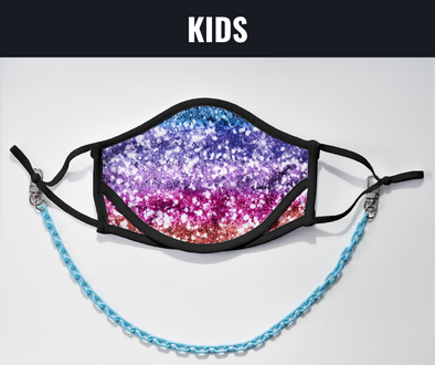 BOY MEETS GIRL® x Pretty Connected Mask Chain Set: Kids Multi-Color "Dylan" Drinking Sparkle Mask with Light Blue Chain