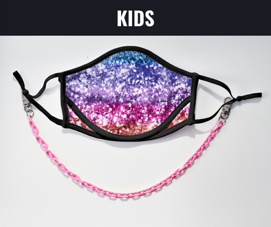 BOY MEETS GIRL® x Pretty Connected Mask Chain Set: Kids Multi-Color "Dylan" Drinking Sparkle Mask with Hot Pink Chain