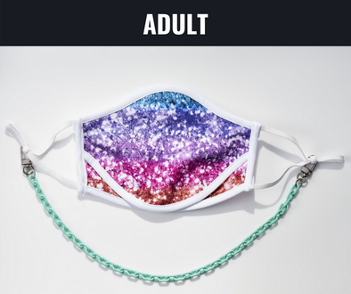 BOY MEETS GIRL® x Pretty Connected Mask Chain Set: Adult Multi-Color "Dylan" Drinking Sparkle Mask with Mint Chain