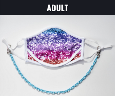 BOY MEETS GIRL® x Pretty Connected Mask Chain Set: Adult Multi-Color "Dylan" Drinking Sparkle Mask with Light Blue Chain