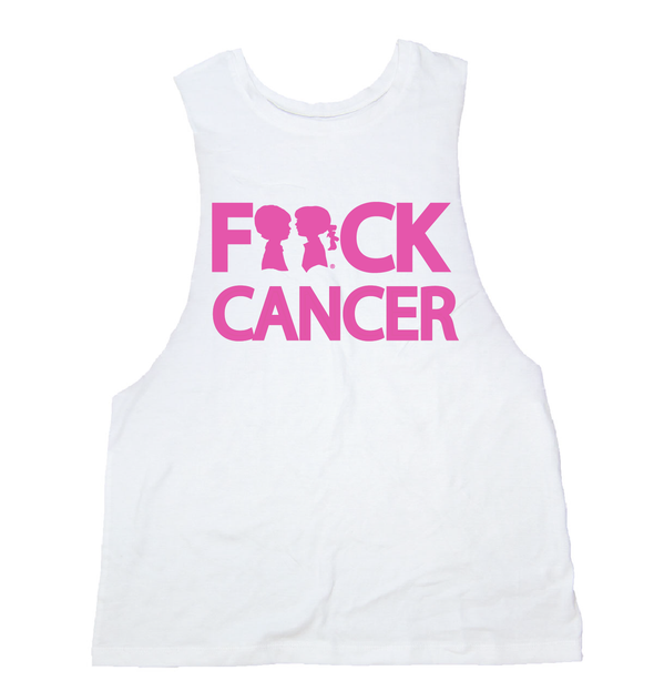 BOY MEETS GIRL® F**ck Cancer White Drop Armhole Tank Top