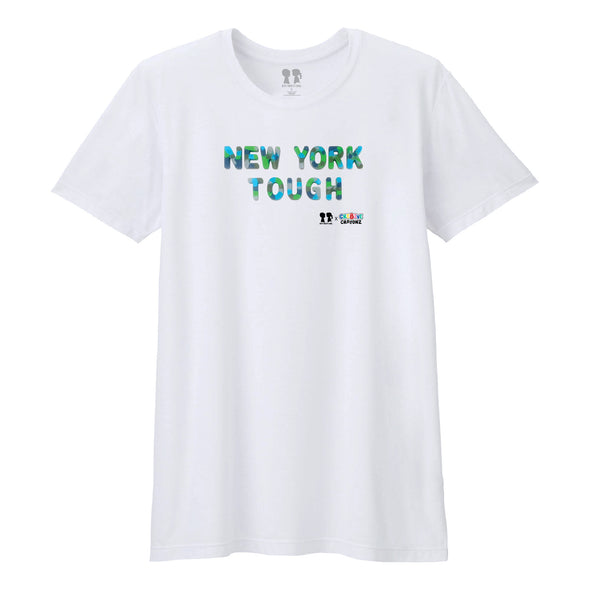 BOY MEETS GIRL® x Cre8ive Crayonz White NEW YORK TOUGH Blue, Green, & Grey Camo Font Adults & Kids Unisex T-Shirt