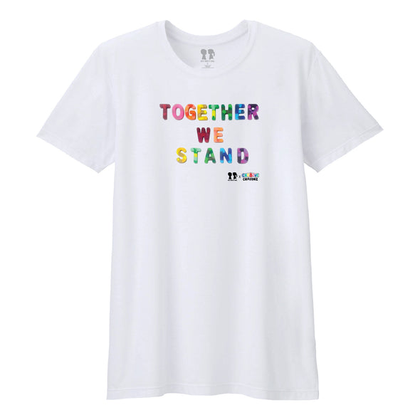 BOY MEETS GIRL® x Cre8ive Crayonz White TOGETHER WE STAND Rainbow Font Adults & Kids Unisex T-Shirt
