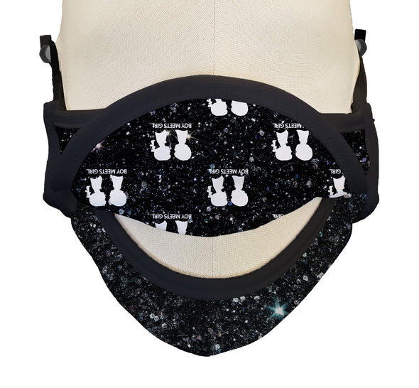 BOY MEETS GIRL® x Pretty Connected Mask Chain Set: Kids Black "Dylan" Drinking Sparkle Mask with Hot Pink Chain