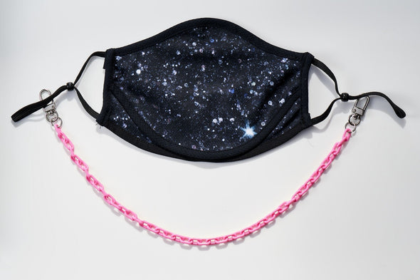 BOY MEETS GIRL® x Pretty Connected Mask Chain Set: Kids Black "Dylan" Drinking Sparkle Mask with Hot Pink Chain