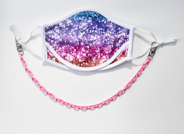 BOY MEETS GIRL® x Pretty Connected Mask Chain Set: Adult Multi-Color "Dylan" Drinking Sparkle Mask with Hot Pink Chain