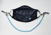 BOY MEETS GIRL® x Pretty Connected Mask Chain Set: Adult Black "Dylan" Drinking Sparkle Mask with Light Blue Chain