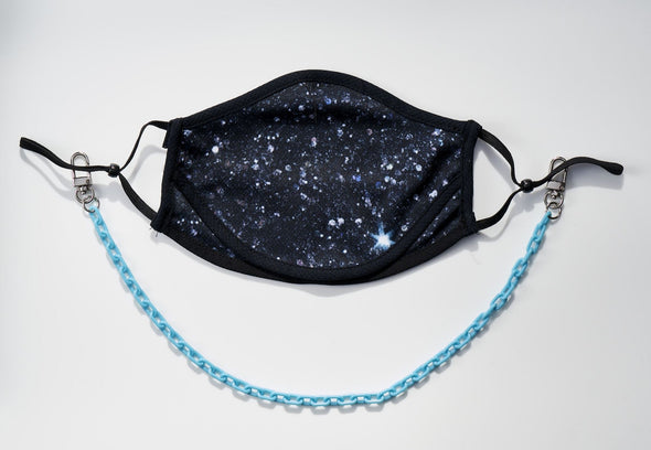 BOY MEETS GIRL® x Pretty Connected Mask Chain Set: Adult Black "Dylan" Drinking Sparkle Mask with Light Blue Chain