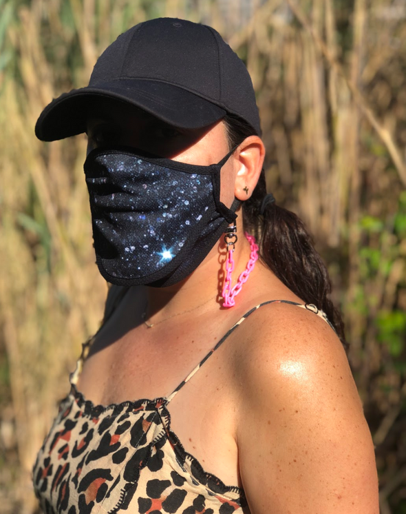BOY MEETS GIRL® x Pretty Connected Mask Chain Set: Adult Multi-Color "Dylan" Drinking Sparkle Mask with Hot Pink Chain