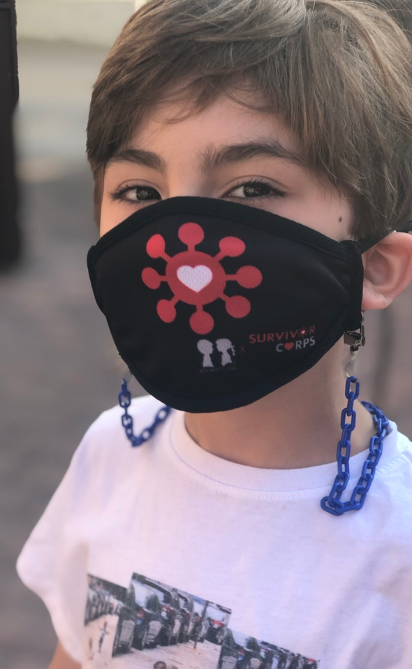 BOY MEETS GIRL® x Pretty Connected Mask Chain Set: Kids Black "Dylan" Drinking Sparkle Mask with Light Blue Chain