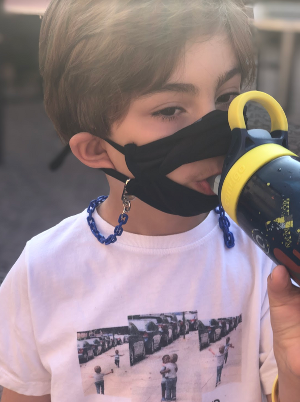 BOY MEETS GIRL® x Pretty Connected Mask Chain Set: Kids Purple "Dylan" Drinking Sparkle Mask with Black Chain